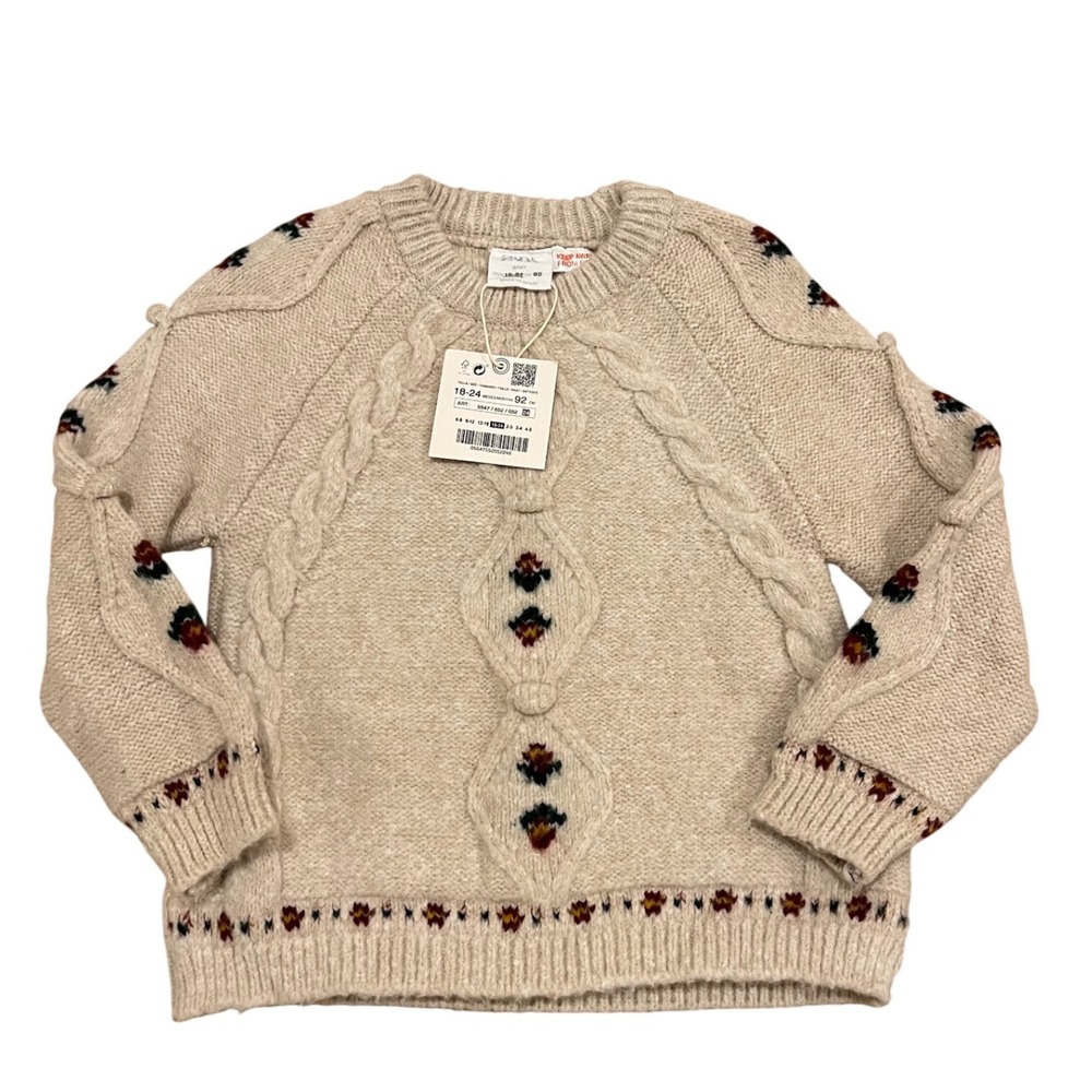 Zara Baby Knit Sweater 18-24 Months Beige Floral Embroidered Cable‎ Knit